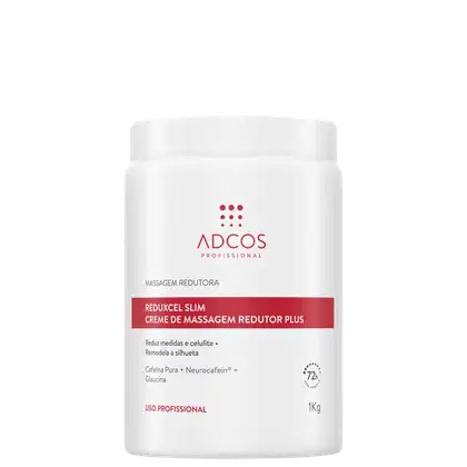 Creme de massagem redutor plus da marca Adcos, em embalagem branca com detalhes vermelhos, contendo 1kg do produto. Apresenta informações sobre seus benefícios, como redução de medidas e celulite, e ingredientes como cafeína pura e glaucina.