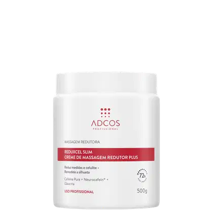 Creme de massagem redutor plus da marca Adcos, em embalagem branca com detalhes em vermelho, contendo 500g do produto. Destaca-se a promessa de redução de medidas e celulite, com ingredientes como cafeína pura e neurocafeína.