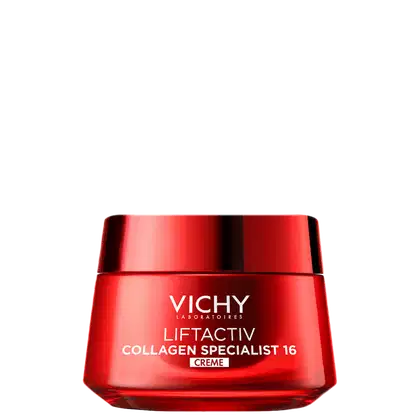 Frasco de creme facial da linha Liftactiv Collagen Specialist 16 da Vichy, com embalagem vermelha brilhante e texto em branco destacando os principais benefícios do produto.