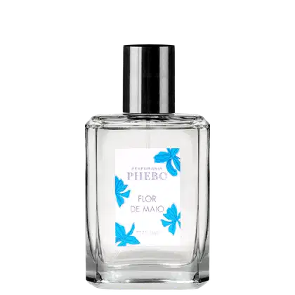 Frasco de perfume Phebo Flor de Maio, com embalagem de vidro transparente e rótulo branco com detalhes em azul, exibindo o nome da marca e a fragrância.