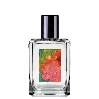 Frasco de perfume Phebo Ginga, com embalagem de vidro transparente e rótulo colorido em tons de verde, laranja e vermelho.