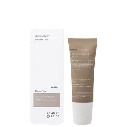 O produto é um sérum de contorno Up-Lift da marca Korres, na cor preta e bege, com embalagem de tubo de 40 mL. O rótulo destaca os benefícios do produto para a área do queixo, bochecha e pescoço.
