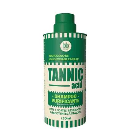 Frasco verde da marca Lola From Rio contendo shampoo purificante com ácido tânico, indicado para fios fortes, resilientes e resistentes à queda, com 250ml de volume.