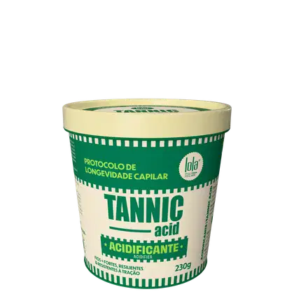 Pote de acidificante capilar Tannic Acid da marca Lola From Rio, com rótulo verde e branco destacando o protocolo de longevidade capilar. Volume de 230g.