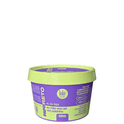 Pote de máscara capilar Papo Reto da marca Lola From Rio, com embalagem verde-limão e roxa, contendo 100ml do produto.