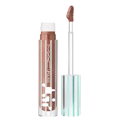Tubo de brilho labial M·A·C com aplicador em forma de pincel, embalagem branca e rosa com texto "Lipglass" em destaque, produto de cor marrom rosada.