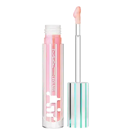 Lip Gloss da marca M·A·C em embalagem cilíndrica transparente com tampa branca. O produto apresenta uma cor rosa clara e brilhante, com aplicador em formato de pincel.