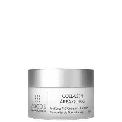 Recipiente branco com rótulo cinza e texto "COLLAGEN ÁREA OLHOS". Contém 15g de produto. Rótulo indica "Peptídeos Pró-Colágeno + Cafeína + Flavonoides de Flores Brancas" como ingredientes.