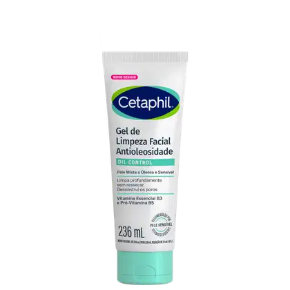Tubo branco com rótulo azul e verde da marca Cetaphil. Contém a descrição "Gel de Limpeza Facial Antioleosidade" e informações sobre o controle de oleosidade e vitaminas essenciais. O produto é apresentado em embalagem de 236 ml.