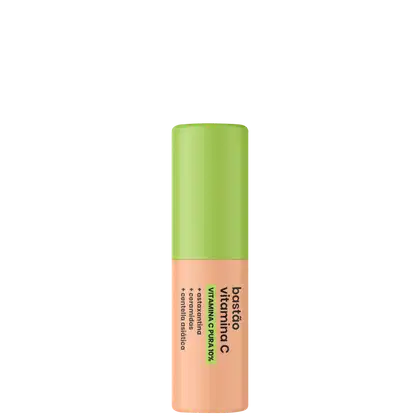 Tratamento facial Sallve Vitamina C, embalagem cilíndrica verde e laranja, com rótulo destacando os ingredientes vitamina C e ácido glicólico.