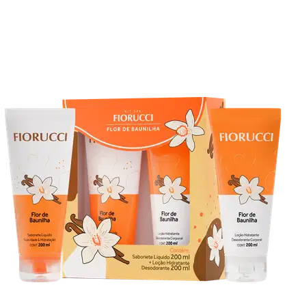 Kit Spa Fiorucci Flor de Baunilha contendo sabonete líquido de 200 ml e loção hidratante desodorante corporal de 200 ml, em embalagens laranja e branca com flores brancas e detalhes em marrom.
