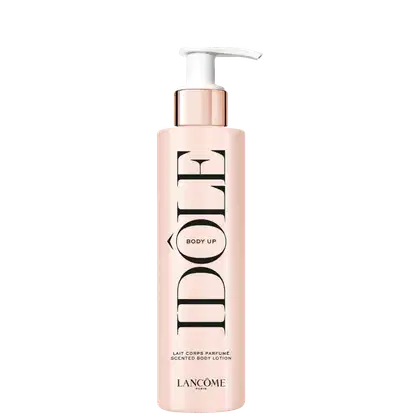 Frasco de loção corporal perfumada Body Up Idôle Lancôme, com design minimalista em tons de rosa e branco. O rótulo destaca o nome da marca e o produto em letras pretas.