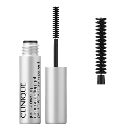 Produto de beleza Clinique em embalagem branca e preta, contendo um frasco e um aplicador de gel de sobrancelhas com cerdas pretas. O rótulo indica "Just Browsing Gel Sculpt Transparent Gel Solvent" e "Clinique".