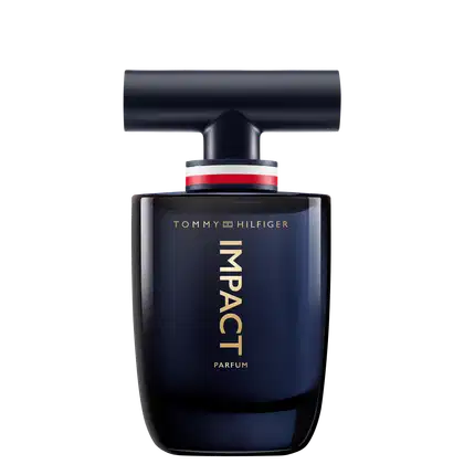 Frasco de perfume Tommy Hilfiger Impact, com design moderno e elegante em tons de azul escuro e dourado. O rótulo apresenta o nome da marca em destaque.