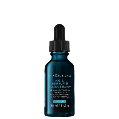 Frasco conta-gotas de 30 ml com sérum multicorretivo concentrado da linha A.G.E. Interrupter Ultra da SkinCeuticals, com efeito lifting visível, em embalagem preta e azul.