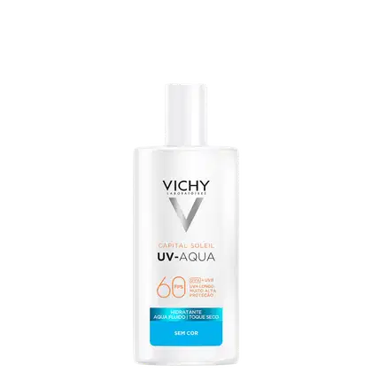 Frasco branco da linha Capital Soleil UV-Aqua da Vichy, com proteção solar FPS 60 e indicação de hidratante, aqua fluido e toque seco, sem cor.