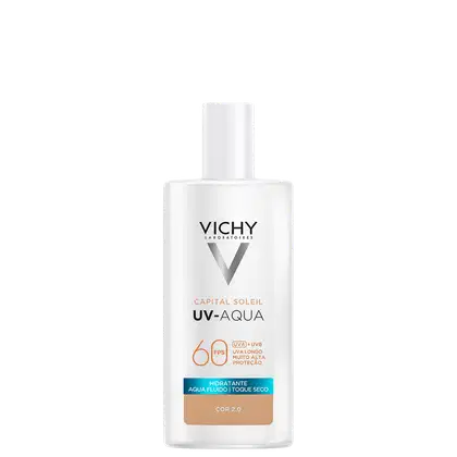 Frasco branco da linha Capital Soleil UV-Aqua da Vichy, com proteção solar FPS 60 e indicação de hidratação e toque seco. Rótulo com informações sobre a formulação e a cor 2.0.