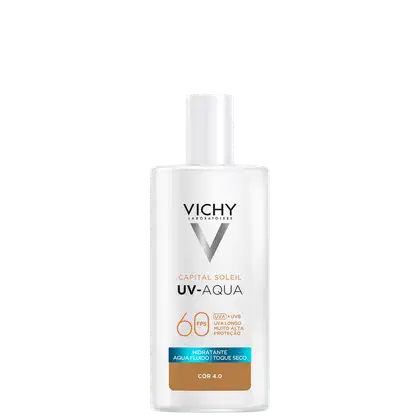 Frasco branco da linha Capital Soleil da Vichy, contendo protetor solar UV-Aqua com FPS 60, hidratante, de toque seco, na cor 4.0.
