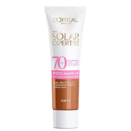 Tubo de protetor solar facial da marca L'Oreal Paris, da linha Solar Expertise, com FPS 70 e acabamento make-up. Embalagem branca com detalhes dourados, indicando a cor 5.0 do produto.
