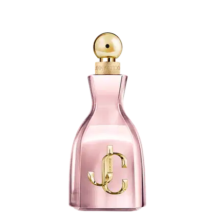 Frasco de perfume rosa da marca Jimmy Choo, com tampa dourada em formato esférico. O rótulo exibe o logotipo da marca em dourado.