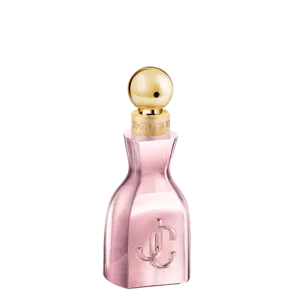 Frasco de perfume rosa da marca Jimmy Choo, com tampa dourada em formato esférico. O rótulo exibe o logotipo da marca em dourado.
