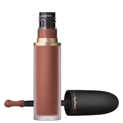 Frasco de item de perfumaria com aplicador, em tons de marrom e dourado, com rótulo preto e dourado.