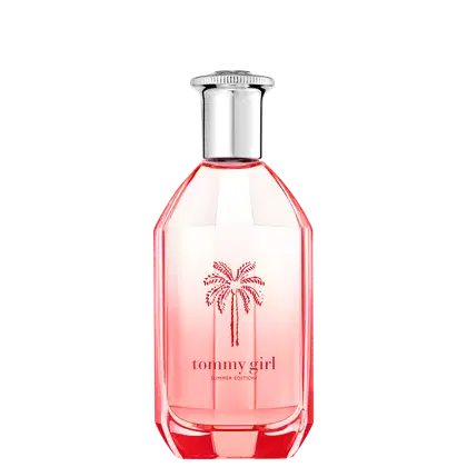 Frasco de perfume Tommy Girl Summer Edition, com design elegante e tampa prateada. O frasco possui uma tonalidade rosa clara e apresenta um desenho de uma palmeira vermelha em destaque.