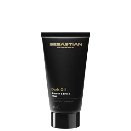 Tubo preto com rótulo dourado da marca Sebastian Professional contendo uma máscara de óleo escuro para cabelos, com a descrição "Dark Oil Smooth & Shine Mask" e fragrância mesmerizante.