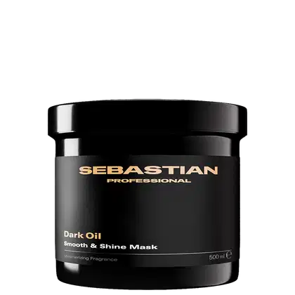 Frasco preto de máscara para cabelos da marca Sebastian Professional, com rótulo dourado indicando "Dark Oil Smooth & Shine Mask" e a capacidade de 500 ml.