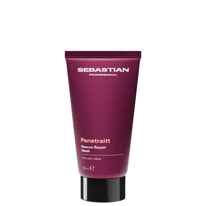 Embalagem de máscara reparadora da marca Sebastian Professional, em tom de vinho, com texto em branco destacando o nome do produto "Penetraitt Rescue Repair Mask". O produto é apresentado em um fundo preto, com destaque para sua textura cremosa e rica.