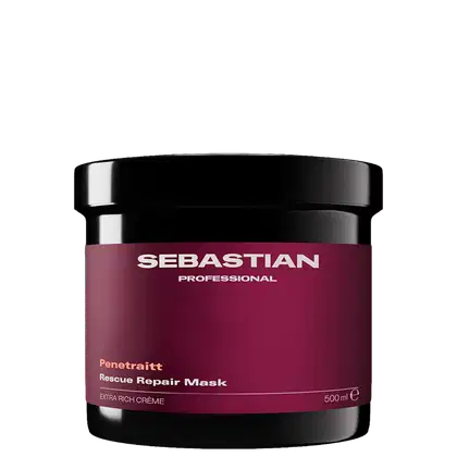 Frasco de máscara de reparação de resgate da marca Sebastian Professional, com embalagem preta e vermelha escura, contendo 500 ml de produto.