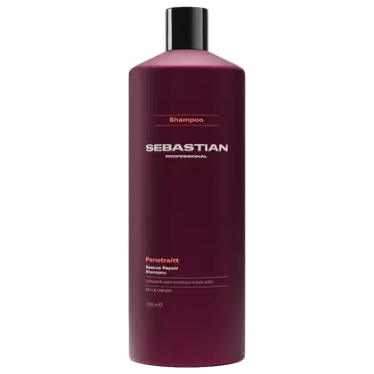 Frasco de shampoo da marca Sebastian Professional, com embalagem de cor vinho escuro e rótulo em destaque com o nome da marca e o nome do produto "Penetraitt Rescue Repair Shampoo".