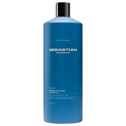 Frasco de condicionador da marca Sebastian Professional, na cor azul, com rótulo destacando o nome da marca e a descrição "Hydro Intensely Hydrating Conditioner". O produto é apresentado em embalagem plástica com tampa preta.