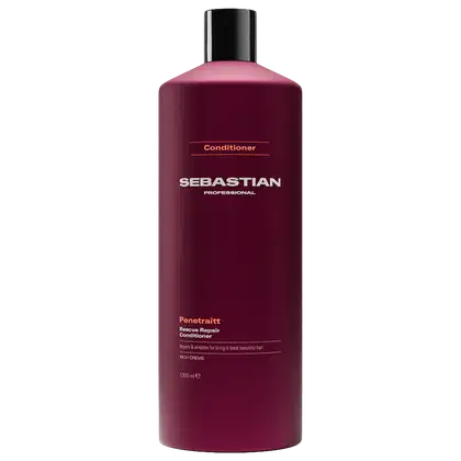 Frasco de condicionador da marca Sebastian Professional, com embalagem de cor vinho escuro e rótulo destacando o nome da marca e a função do produto "Penetraitt Rescue Repair Conditioner".