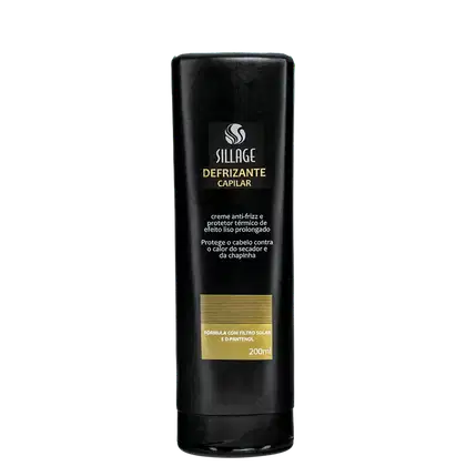 Frasco preto de creme anti-frizz e protetor térmico da marca Sillage, com rótulo dourado e texto em português descrevendo os benefícios do produto para o cabelo.
