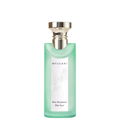 Frasco de perfume Bvlgari Eau Parfumée The Vert, com design elegante em tons de verde e branco, rótulo com nome da marca e nome do produto.