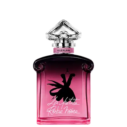 Frasco de perfume da marca Guerlain, com design elegante e tampa em formato triangular. A embalagem possui uma tonalidade rosa vibrante, com o nome "La Petite Robe Noire" destacado em letras brancas.