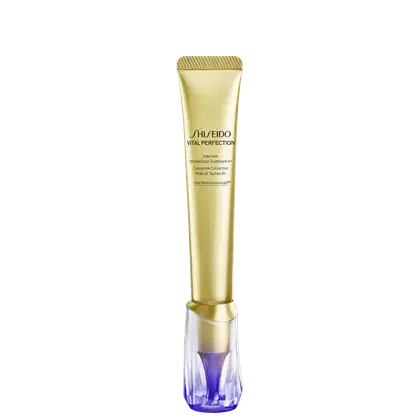 Tubo dourado de item de skincare da marca Shiseido com texto "Vital Perfection Intensive Wrinkle/Spot Treatment A+", "Concentré Correcteur Rides et Taches A+", "Pure Retinol Advanced". Creme Uniformizador 20ml