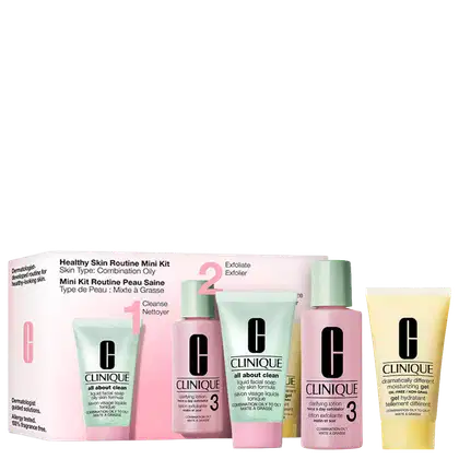 Caixa de kit de rotina de pele saudável para pele mista/oleosa. Contém frascos de limpador, esfoliante, loção clarificante e gel hidratante da marca Clinique. Embalagem em tons de rosa e verde, com rótulos e logotipos da marca.