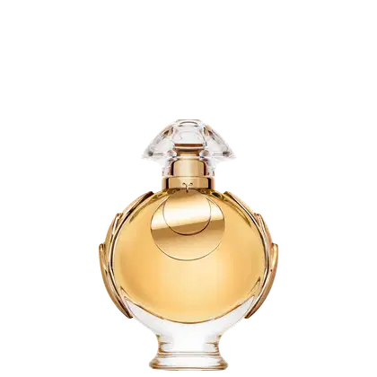Perfume Olympéa Elixir Rabanne Eau de Parfum Intense, recipiente dourado em forma de cúpula com detalhes em relevo. Possui tampa arredondada e corpo esculpido com linhas curvas. Rótulo com nome da marca "Rabanne" em destaque. 