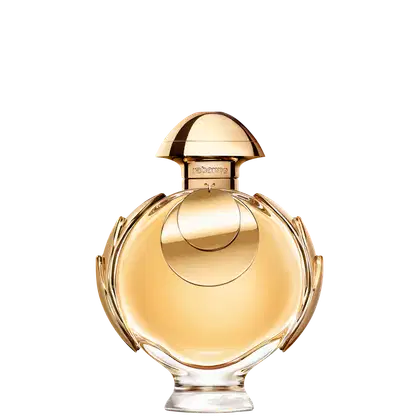 Perfume Olympéa Elixir Rabanne Eau de Parfum Intense, recipiente dourado em forma de cúpula com detalhes em relevo. Possui tampa arredondada e corpo esculpido com linhas curvas. Rótulo com nome da marca "Rabanne" em destaque. 