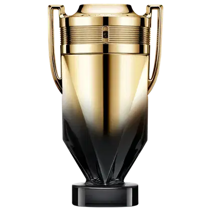 Frasco de perfume Paco Rabanne dourado e preto com detalhes metálicos, formato geométrico e tampa destacada. Embalagem sofisticada e elegante, com design arrojado e moderno.