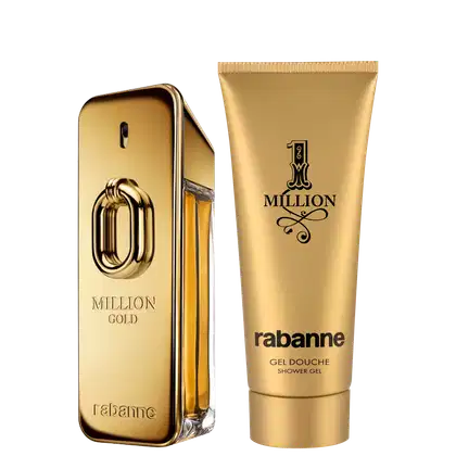 Conjunto de perfumaria Rabanne 1 Million Gold com frasco spray dourado e tubo de gel de banho dourado.