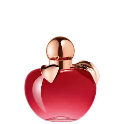 Frasco de perfume em formato de maça, com tampa dourada, em cor vermelha brilhante. Rótulo com nome da marca "Nina Ricci" visível.