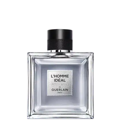 Perfume masculino L'Homme Ideal da marca Guerlain, com embalagem retangular de vidro transparente e tampa preta. Rótulo prateado com texto em preto
