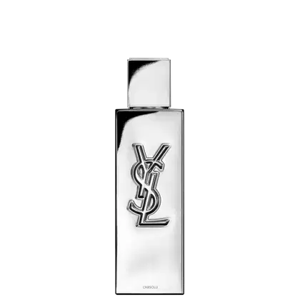 Frasco de perfume de design minimalista prateado, com o logotipo da marca Yves Saint Laurent em destaque. A embalagem possui uma forma geométrica simples e elegante, com uma tampa destacada no topo.