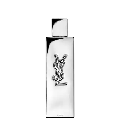 Frasco de perfume de design minimalista prateado, com o logotipo da marca Yves Saint Laurent em destaque. A embalagem possui uma forma geométrica simples e elegante, com uma tampa destacada no topo.