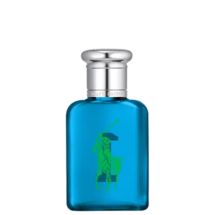 Frasco de perfume Big Pony 1 azul com logotipo verde da marca Ralph Lauren em destaque. Embalagem de vidro com tampa prateada, apresentando design elegante e minimalista.