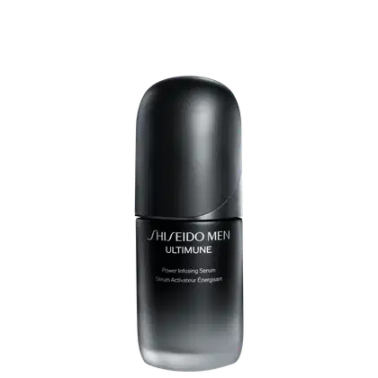 Frasco preto fosco de sérum para homens da marca Shiseido, chamado Ultimune. O rótulo em letras brancas indica que se trata de um sérum energizante e ativador de poder.