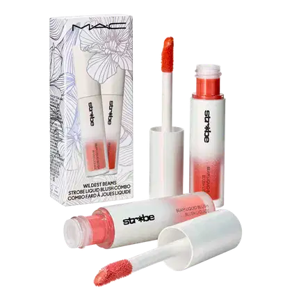 Conjunto de blush líquido da marca Strobe, composto por dois frascos com aplicadores e uma caixa de embalagem com design floral. Os frascos possuem cores predominantemente brancas e vermelhas, com rótulos indicando o nome